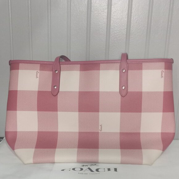 Coach City Red Buffalo Plaid Print PVC & Leather Zip Top Tote - Picture 15 of 15